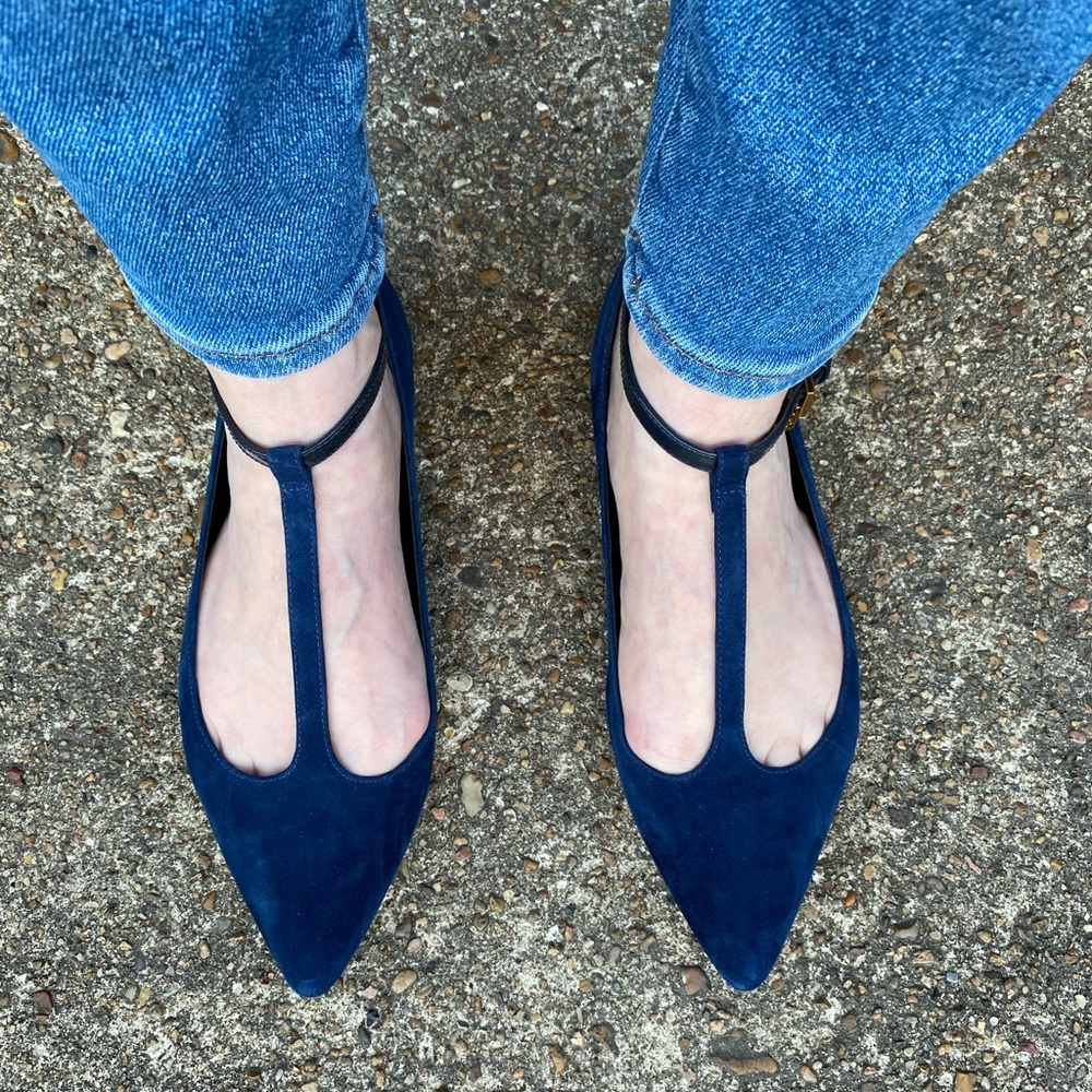 Tory Burch Ashton T-Strap Flat Sz 5.5 Navy